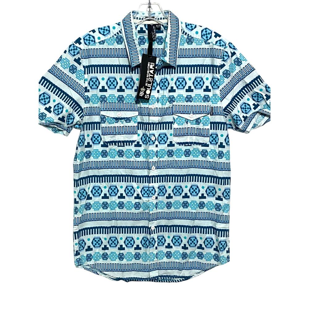 Geometric All Over Print Blue Button Down Shirt Men S Retro Hawaiian Preppy NWT
